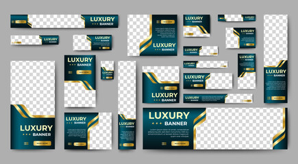 Wall Mural - professional business web ad banner template with photo place. modern layout blue background and gol