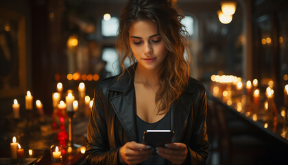 Sticker - Young woman sitting indoors, holding mobile phone, smiling and texting generative AI