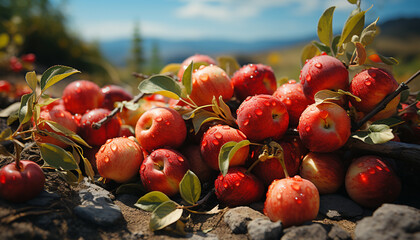 Poster - Fresh apple on tree branch, ripe fruit in autumn orchard generative AI