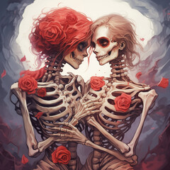 two skeletons in love hugging each other, Valentine's Day postcard, Valentine's Day card, generative AI