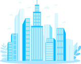 Fototapeta Miasto - Blue city skyline with modern skyscrapers, urban landscape. Monochrome blue shade cityscape, no people. Simplified city view vector illustration.