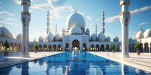 An Illustration Of A Magnificent And Luxurious Mosque With A Blue Dome And A Bright Sky Background. Generative AI