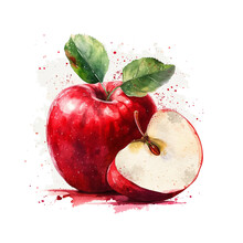 Illustration Of A Split Apple With Stem And Leaves And Colored With Watercolors