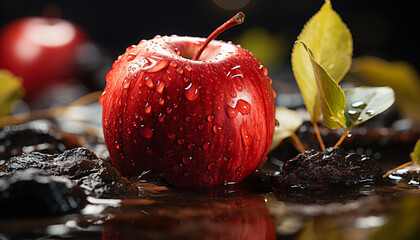 Fresh apple, wet with dew, reflects vibrant autumn nature generative AI