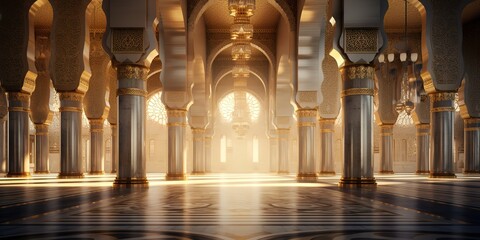 photo of interiors in a magnificent and beautiful mosque. generative ai