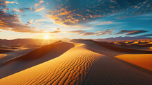 Stunning Panorama Of Vast Desert Landscape With Warm Light Of Sunrise