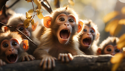 Wall Mural - Cute young monkey sitting in a tree, yawning and laughing generated by AI