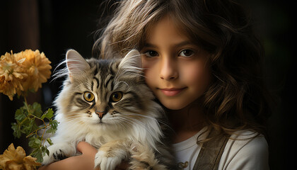 Wall Mural - Cute pets, animal child, small portrait, smiling, caucasian ethnicity, kitten generated by AI