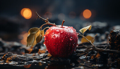 Fresh apple, wet leaf, nature healthy gourmet snack generated by AI