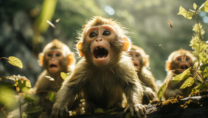 Wall Mural - Cute young macaque sitting on tree, playful family eating outdoors generated by AI