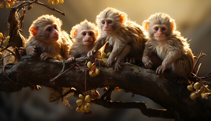 Canvas Print - Cute monkey sitting on branch in tropical rainforest with family generated by AI