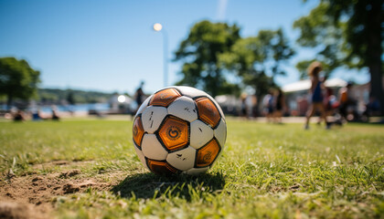 Sticker - Soccer ball on green grass, athletes playing, competitive summer sport generated by AI