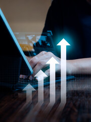 Poster - rise up glow arrows as a graph steps, digital online business profit screen and businessman work wit