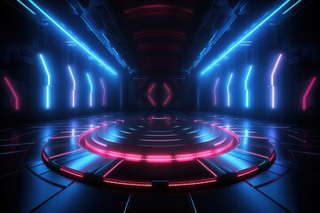 Wall Mural - Stage Neon Glowing Alien Spaceship Futuristic Sci Fi Construction Purple Blue Glowing Laser Beams Fluorescent Vibrant Neon City Tunnel Corridor Vitrual Cyber Background 3D Rendering Generative AI