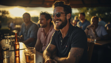 Wall Mural - A group of young adults sitting outdoors, smiling and drinking generated by AI