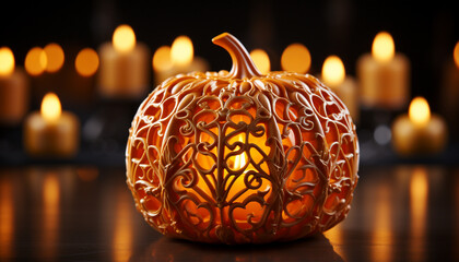 Wall Mural - Candlelight illuminates spooky Halloween decoration, glowing pumpkin on wooden table generated by AI