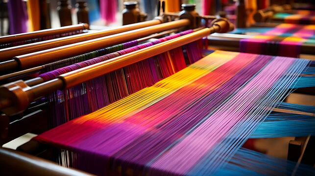 a loom with many multicolored strips, generative ai