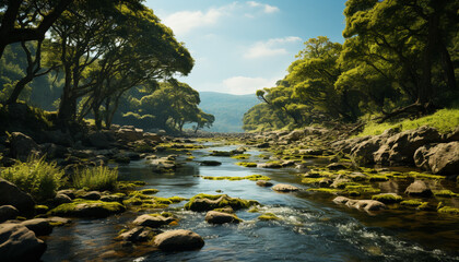 Poster - Tranquil scene of green forest, flowing water, and majestic mountains generated by AI