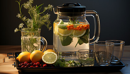 Canvas Print - Fresh lemonade on a wooden table, a refreshing summer drink generated by AI