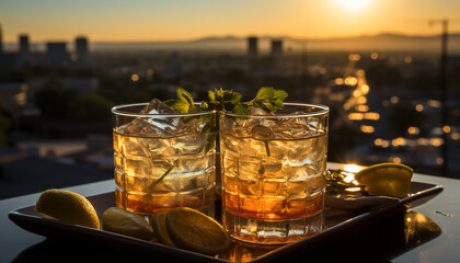 Canvas Print - Sunset over the city, a cocktail on the table, pure relaxation generated by AI