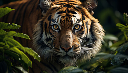 Canvas Print - Majestic Bengal tiger hiding in tropical rainforest, staring at camera generated by AI