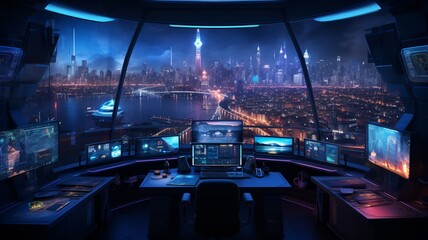 Wall Mural - Cyberpunk command center with neon outlines and data streams crisscrossing over a dark, cityscape background