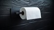 Minimalist bathroom detail highlighting a single roll of soft toilet paper on a modern holder, against a dark, textured tile wall