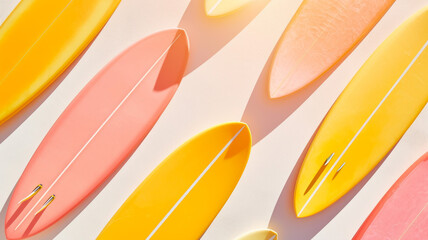 Flat lay pattern of  surfboards  in pink yellow blue pastel colors. 