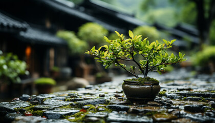 Poster - Fresh green leaves adorn the small potted plant in nature generated by AI