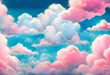sky illustration with fluffy and colorful clouds. blue and pink clouds, blue sky. art for children's themes, fantasy, ludic