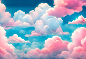 Wall Mural - sky illustration with fluffy and colorful clouds. blue and pink clouds, blue sky. art for children's