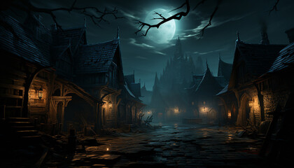 Sticker - Spooky night, old ruin, dark mystery, haunted architecture generated by AI