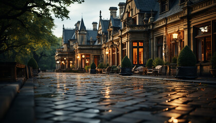 Canvas Print - Ancient cathedral illuminates medieval town square in autumn twilight generated by AI