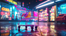 3d Shopping Cart Icon Symbol With Neon Colorful And Boxes, Blurred Neon Storefront Background. Digital Shopping Delight Concept, Neon Lit Online Store. E Commerce Revolution. Brighten Cart With Light.