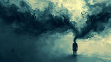 Fototapeta  - Mysterious Person Standing in a dark Cloud, mental health mind problem