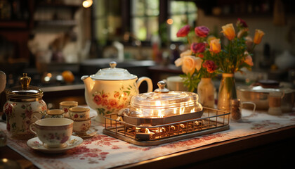 Canvas Print - Kitchen table with teapot, vase, and cooking utensils generated by AI