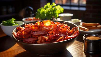 Poster - Freshness and gourmet meat on a wooden table generated by AI