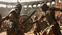 Gladiators In Combat: A Dramatic Scene Of Ancient Warriors Fighting In A Colosseum With Spectators