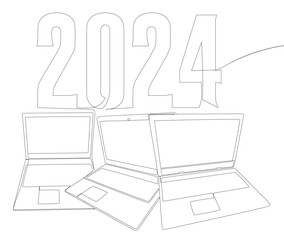 Poster - One continuous line of Laptop with number 2024. Thin Line Illustration vector concept. Contour Drawing Creative ideas.
