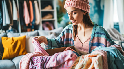 Wall Mural - Woman sorting old clothes to donate, recycle and declutter