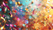 Party popper releasing a burst of colorful confetti and streamers. Birthday themed background