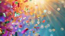 Party Popper Releasing A Burst Of Colorful Confetti And Streamers. Birthday Themed Background