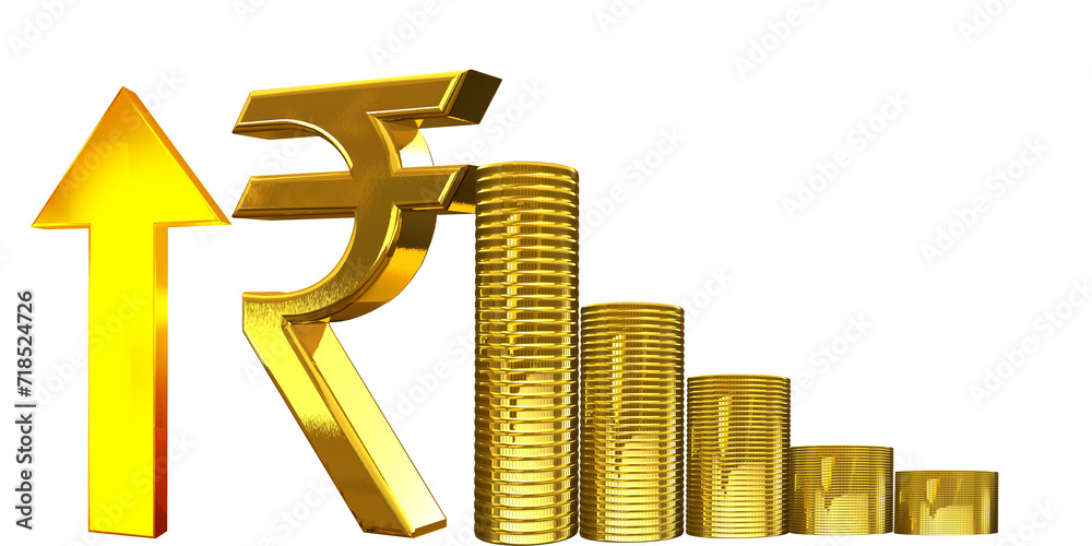Golden Indian rupee sign and Indian currency coin isolated on 3d render ...