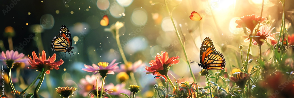 Morning meadow landscape with flowers and butterflies Stock Photo ...