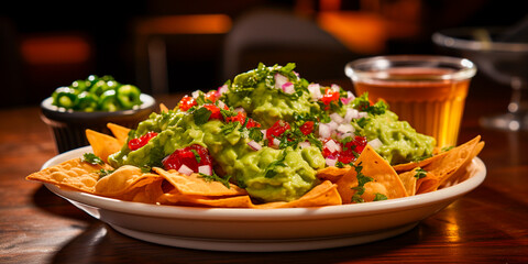 Wall Mural - A bowl of spicy nachos with guacamole is the perfect appetizer or appetizer. Freshly prepared product for a tasty and pleasant taste.