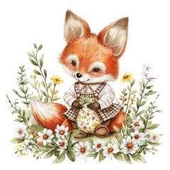 Sticker - fox with flowers illustration watercolor