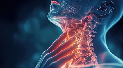 A person holding on to sore throat, lesion in tonsils, throat disease, acute respiratory viral infection, tracheitis, season of viral activity. 3D rendering, X-Ray	technologies