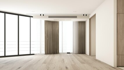 Poster - Creating a living room from empty room It consists of Built-in decorative walls, wooden floors, and sofa and decorations. During the day, sunlight through the window. Cozy style. 3d render stop motion