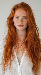  Young Red Haired Woman with Long Hair in the Style of Light White and Orange standing against a Light White Background created with Generative AI Technology