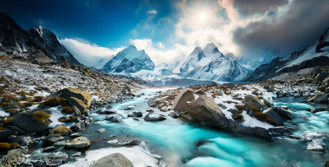 Wall Mural - Fantastic panoramic view of snow-capped mountains, Beautiful panoramic view of Himalayas in Nepal.